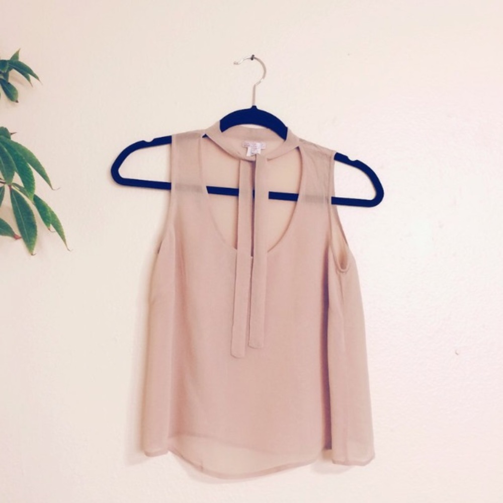Urban Outfitters LUX Sheer Beige Tie Neck Top